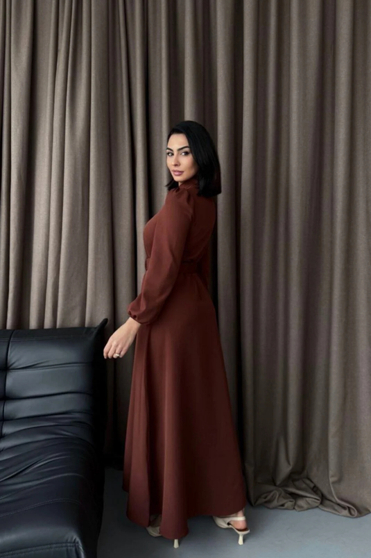 Atlas Kumaş Kalın İç Göstermez Düğme Detaylı Balıkçı Yaka Elbise (KEMER DAHİLDİR)-2511