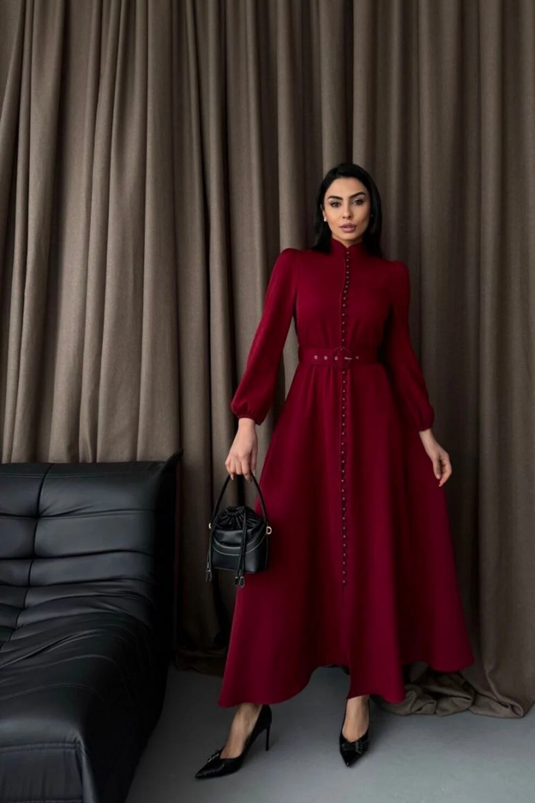 Atlas Kumaş Kalın İç Göstermez Düğme Detaylı Balıkçı Yaka Elbise (KEMER DAHİLDİR)-2511