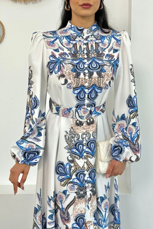 Atlas Kumaş Çiçek Desenli Balıkçı Yaka Full Düğme Detaylı Elbise (KEMER DAHİLDİR)-2536