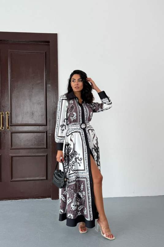 Atlas Kumaş Çiçek Desenli Gömlek Yaka Düğme Detaylı Elbise (KEMER DAHİLDİR)-2585