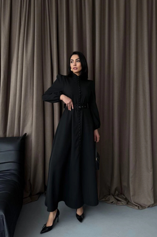 Atlas Kumaş Kalın İç Göstermez Düğme Detaylı Balıkçı Yaka Elbise (KEMER DAHİLDİR)-2511