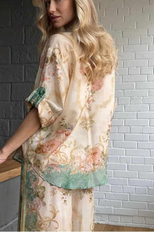 Keten Kumaş Gömlek & Pantolon Çiçekli İkili Takım- 2739