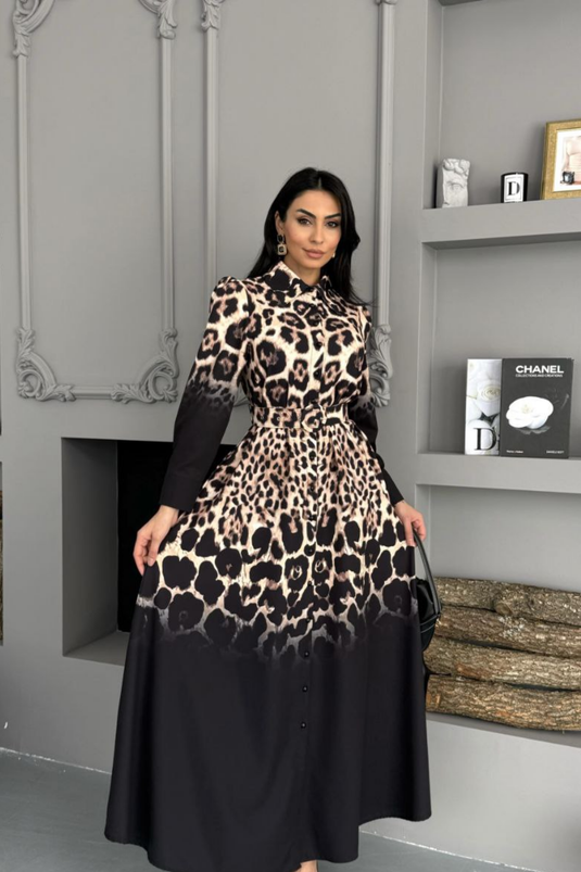 Atlas Kumaş Çiçek Desenli Gömlek Yaka Düğme Detaylı Leopar Elbise (KEMER DAHİLDİR)-2597
