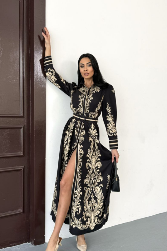 Atlas Kumaş Çiçek Desenli Gömlek Yaka Düğme Detaylı Siyah Elbise (KEMER DAHİLDİR)-2595