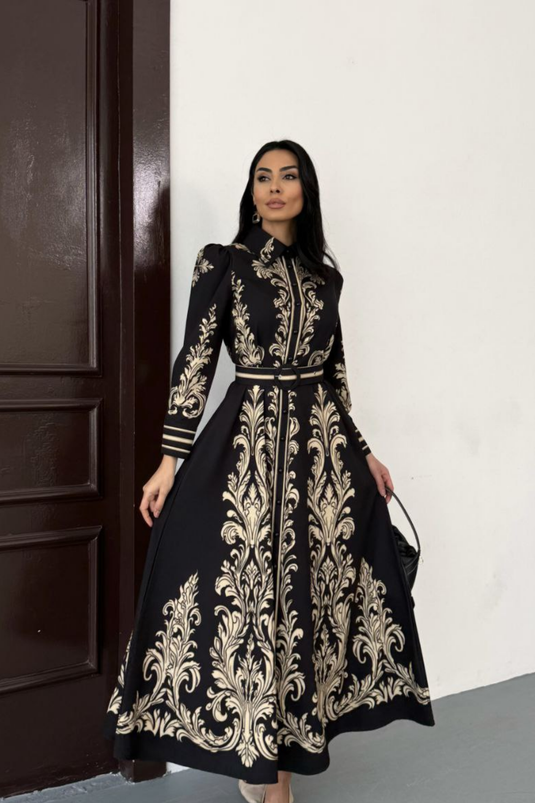 Atlas Kumaş Çiçek Desenli Gömlek Yaka Düğme Detaylı Siyah Elbise (KEMER DAHİLDİR)-2595