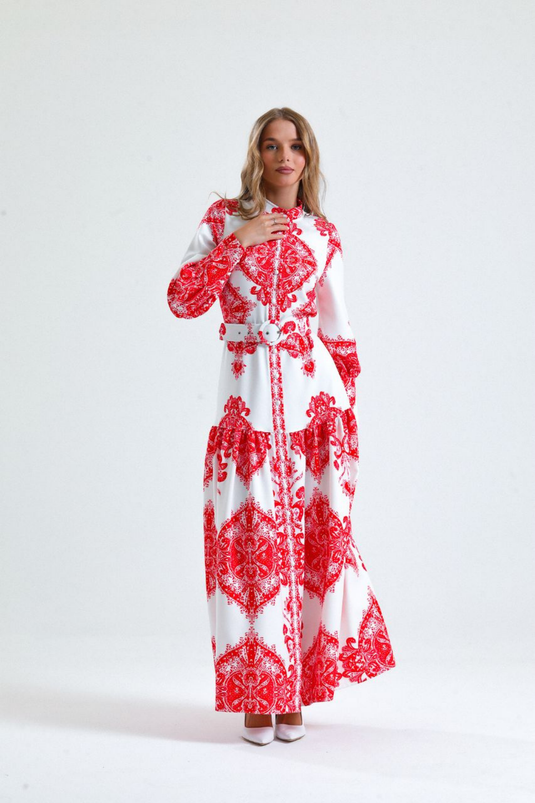 Atlas Kumaş Çiçek Desenli Gömlek Yaka Düğme Detaylı Elbise (KEMER DAHİLDİR)-2345