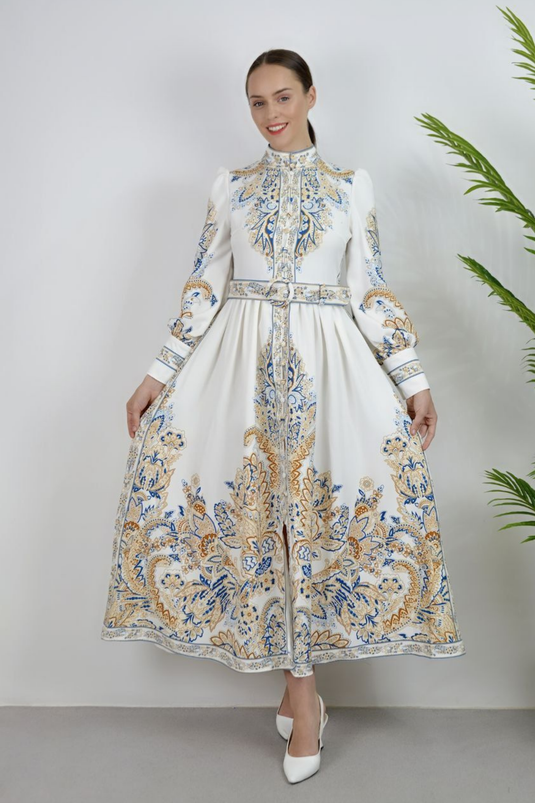 Atlas Kumaş Düğme Detaylı Elbise (KEMER DAHİLDİR)- 2397