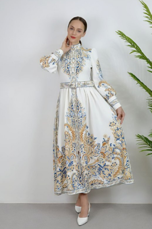 Atlas Kumaş Düğme Detaylı Elbise (KEMER DAHİLDİR)- 2397