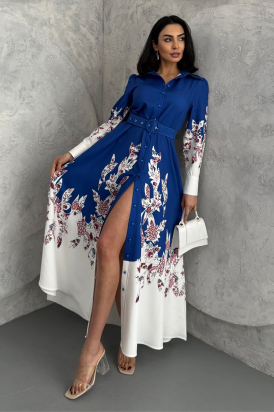 Atlas Kumaş Çiçek Desenli Gömlek Yaka Düğme Detaylı Elbise (KEMER DAHİLDİR)-2501