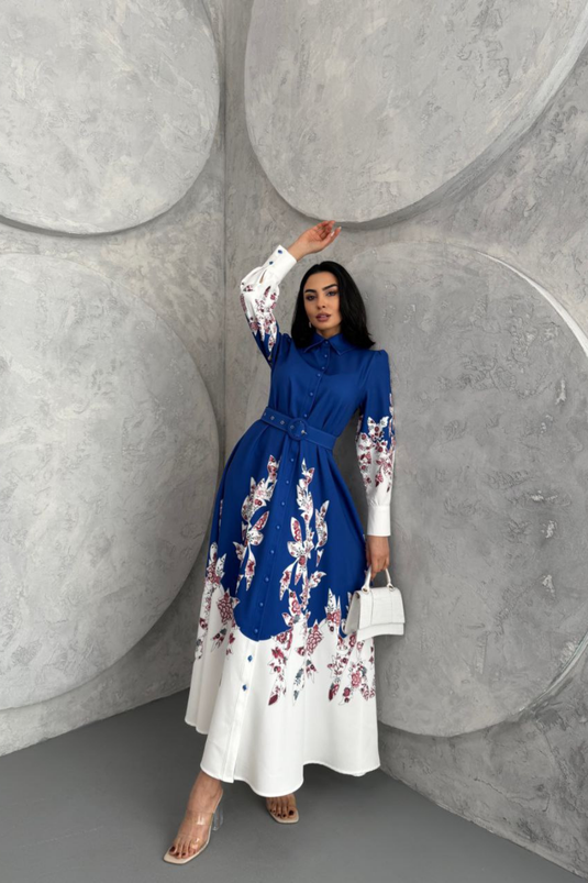 Atlas Kumaş Çiçek Desenli Gömlek Yaka Düğme Detaylı Elbise (KEMER DAHİLDİR)-2501