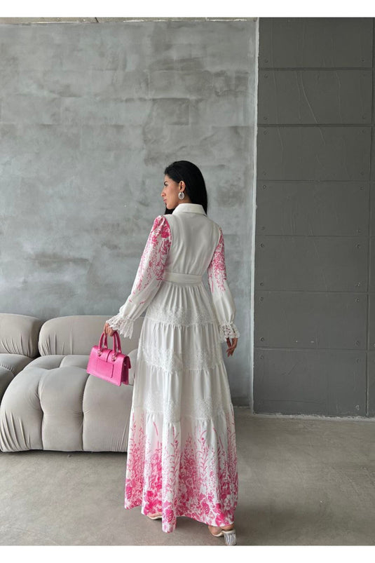 ATLAS KUMAŞ ELBİSE DANTEL DETAYLI (Kemer dahil ) BEYAZ -PEMBE -4251