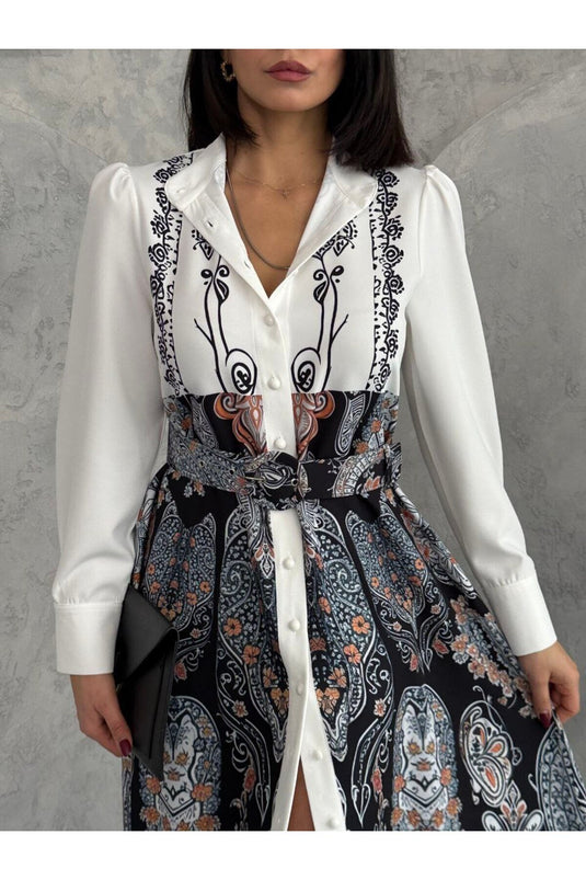 Atlas Kumaş Çiçek Desenli Gömlek Yaka Düğme Detaylı Mavi Elbise (KEMER DAHİLDİR)-2502