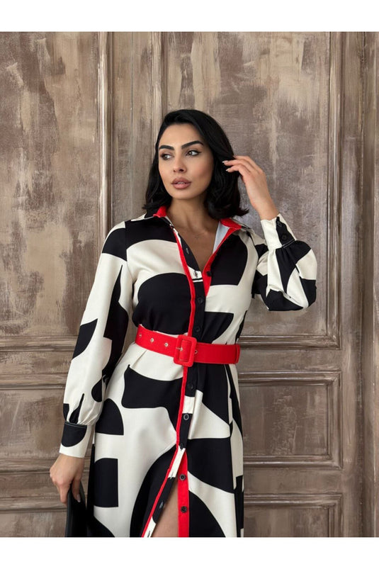 Atlas Kumaş Çiçek Desenli Gömlek Yaka Kırmızı Şerit Detaylı Elbise (KEMER DAHİLDİR)-42161