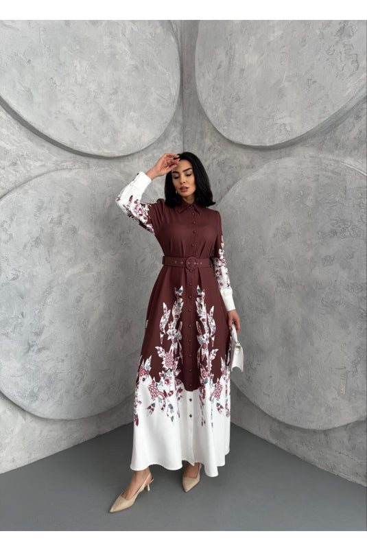 Atlas Kumaş Çiçek Desenli Gömlek Yaka Düğme Detaylı Siyah Elbise (KEMER DAHİLDİR)-2501