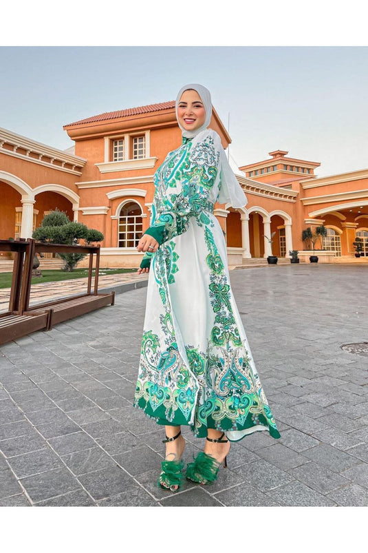 Atlas Kumaş Çiçek Desenli Gömlek Yaka Düğme Detaylı Yeşil Elbise (KEMER DAHİLDİR)-22345