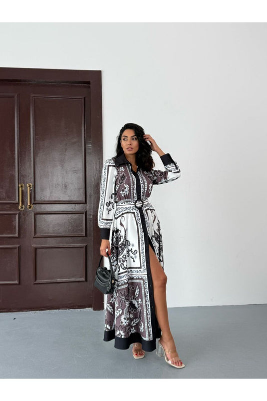 Atlas Kumaş Çiçek Desenli Gömlek Yaka Düğme Detaylı Beyaz Elbise (KEMER DAHİLDİR)-2599