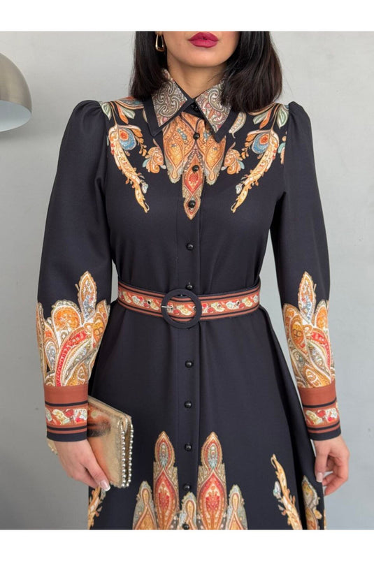 Atlas Kumaş Çiçek Desenli Gömlek Yaka Düğme Detaylı Siyah Elbise (KEMER DAHİLDİR)-2501