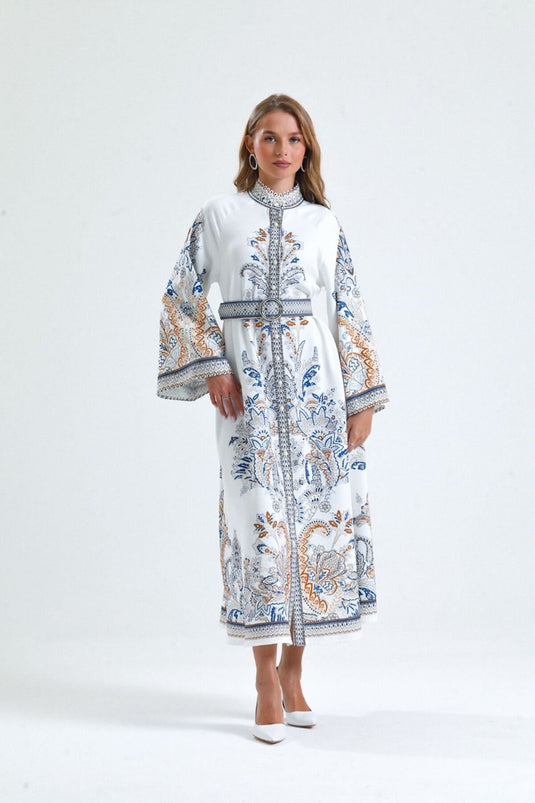 Atlas Kumaş Çiçek Desenli Gömlek Yaka Düğme Detaylı Laci Elbise (KEMER DAHİLDİR)-4235