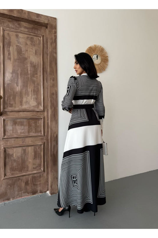 Atlas Kumaş Çiçek Desenli Gömlek Yaka Kırmızı Şerit Detaylı Elbise (KEMER DAHİLDİR)-42161