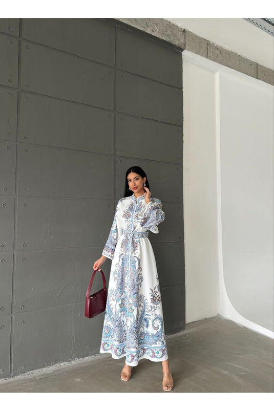 Atlas Kumaş Çiçek Desenli Gömlek Yaka Düğme Detaylı Laci Elbise (KEMER DAHİLDİR)-4235