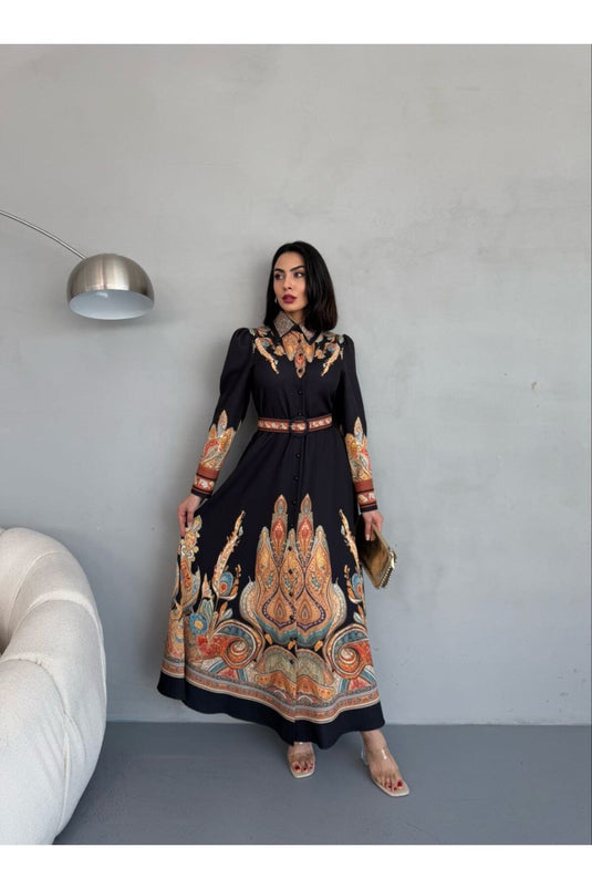 Atlas Kumaş Çiçek Desenli Gömlek Yaka Düğme Detaylı Siyah Elbise (KEMER DAHİLDİR)-2501