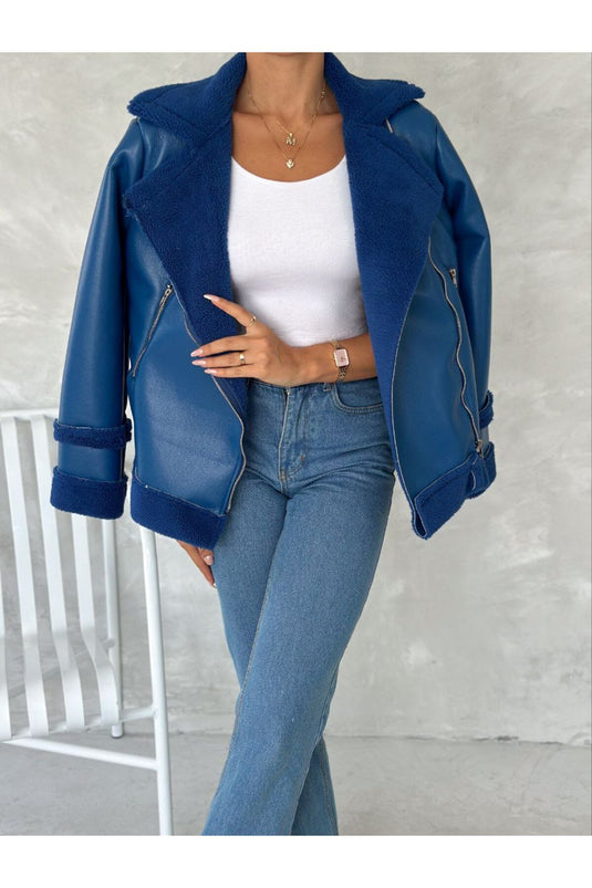 Astarlı Kuzu Deri Kürklü Mont -Beyaz