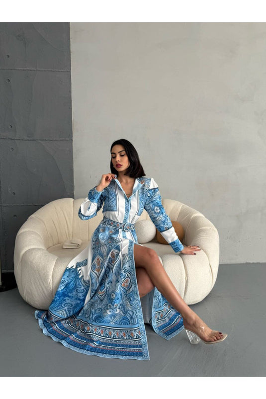 Atlas Kumaş Çiçek Desenli Gömlek Yaka Düğme Detaylı Mavi Elbise (KEMER DAHİLDİR)-2502
