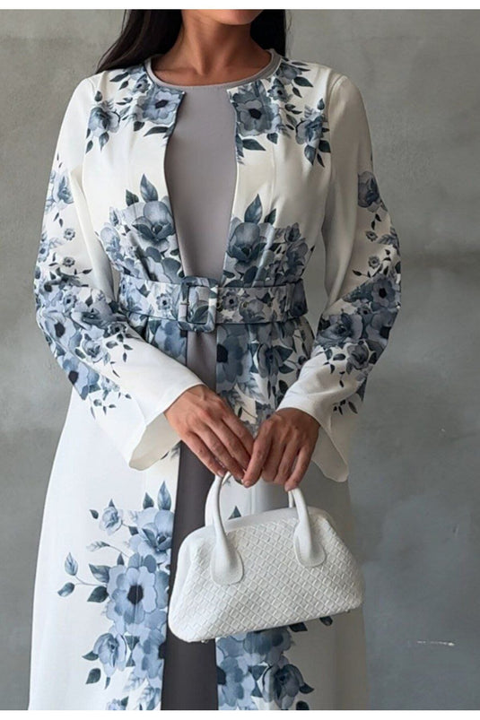 Atlas Kumaş Çiçek Desenli Bisiklet Yaka Ek Parça Detaylı Siyah Elbise (KEMER DAHİLDİR)-42127