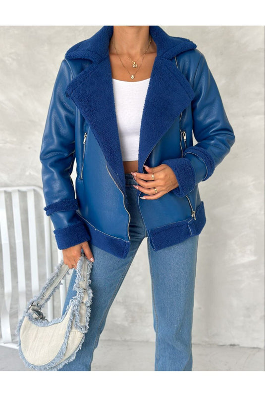 Astarlı Kuzu Deri Kürklü Mont -Beyaz