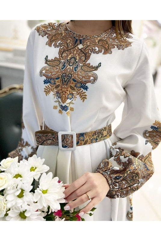 Atlas Kumaş Elbise (kemer Dahildir) - Beyaz NHN75