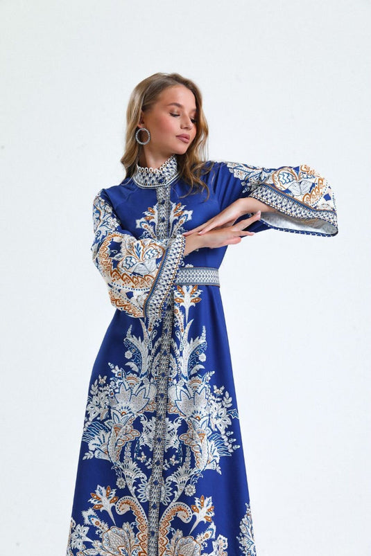 Atlas Kumaş Çiçek Desenli Gömlek Yaka Düğme Detaylı Laci Elbise (KEMER DAHİLDİR)-4235