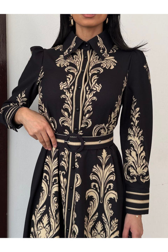 Atlas Kumaş Çiçek Desenli Gömlek Yaka Düğme Detaylı Beyaz Elbise (KEMER DAHİLDİR)-2599