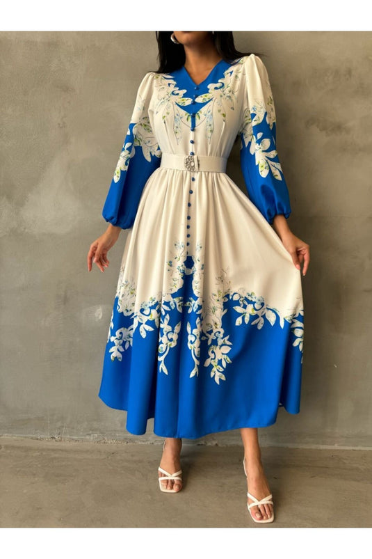 Atlas Kumaş Elbise (Kemer Dahildir) - Mavi