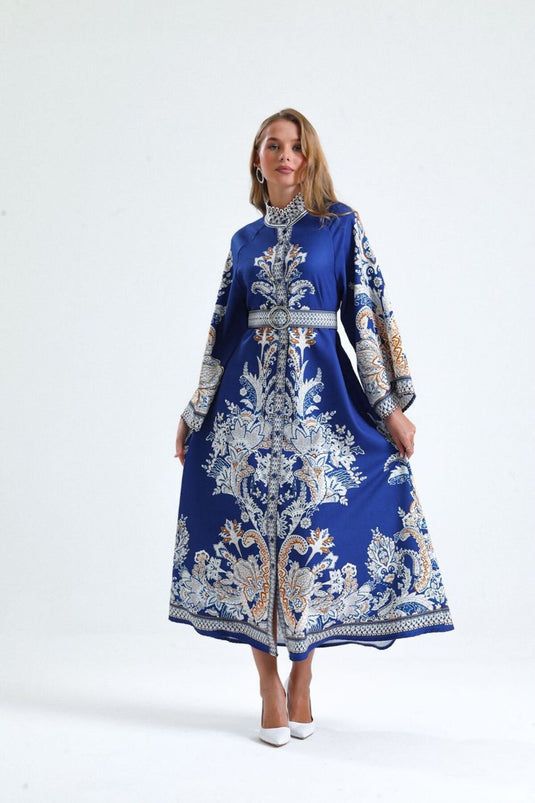 Atlas Kumaş Çiçek Desenli Gömlek Yaka Düğme Detaylı Laci Elbise (KEMER DAHİLDİR)-4235