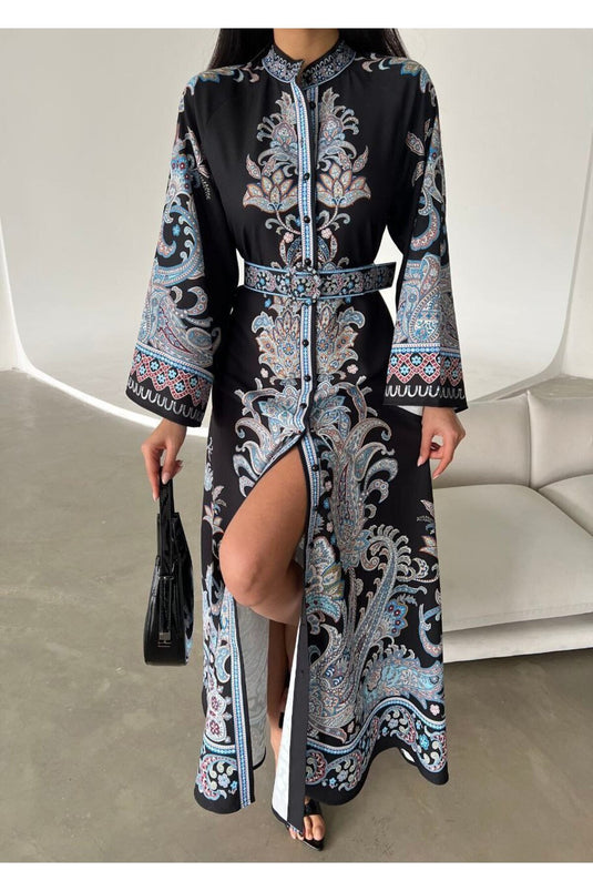 Atlas Kumaş Çiçek Desenli Gömlek Yaka Düğme Detaylı Laci Elbise (KEMER DAHİLDİR)-4235