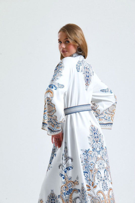 Atlas Kumaş Çiçek Desenli Gömlek Yaka Düğme Detaylı Laci Elbise (KEMER DAHİLDİR)-4235