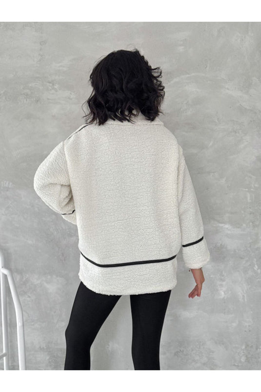 Astarlı Deri Şeritli Kuzu Kürk Ceket-beyaz