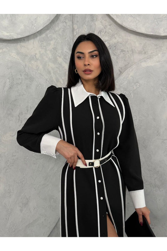 Atlas Kumaş Çiçek Desenli Gömlek Yaka Düğme Detaylı Siyah Elbise (KEMER DAHİLDİR)-42166