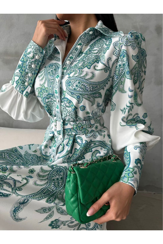 Atlas Kalın İç Göstermez Kumaş Elbise (KEMER DAHİLDİR)-Yeşil-4220