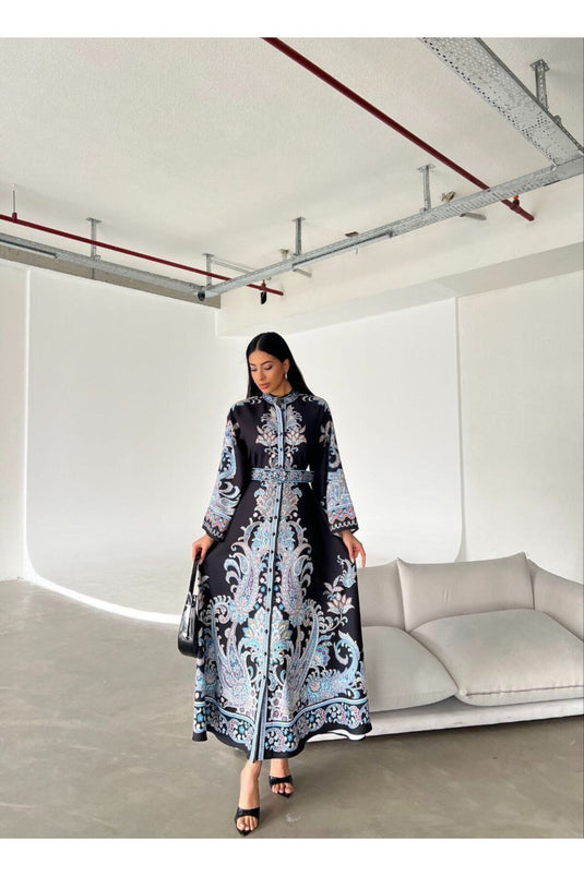 Atlas Kumaş Çiçek Desenli Gömlek Yaka Düğme Detaylı Laci Elbise (KEMER DAHİLDİR)-4235