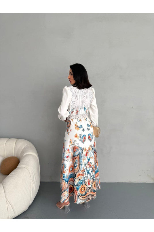 Atlas Kumaş Çiçek Desenli Gömlek Yaka Düğme Detaylı Mavi Elbise (KEMER DAHİLDİR)-2502