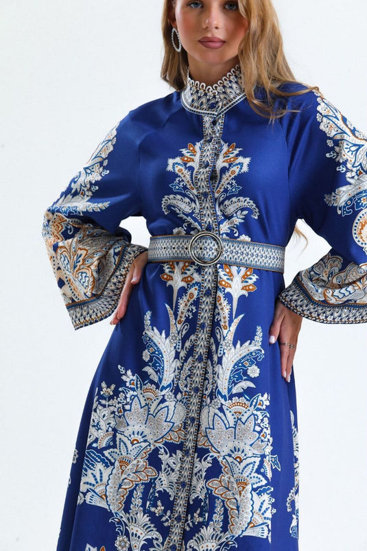 Atlas Kumaş Çiçek Desenli Gömlek Yaka Düğme Detaylı Laci Elbise (KEMER DAHİLDİR)-4235