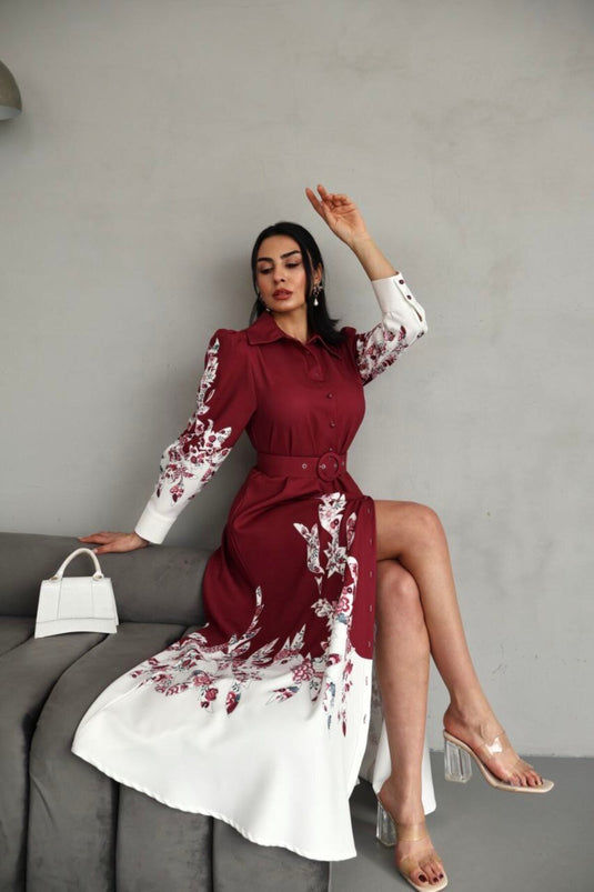 Atlas Kumaş Çiçek Desenli Gömlek Yaka Düğme Detaylı Siyah Elbise (KEMER DAHİLDİR)-2501