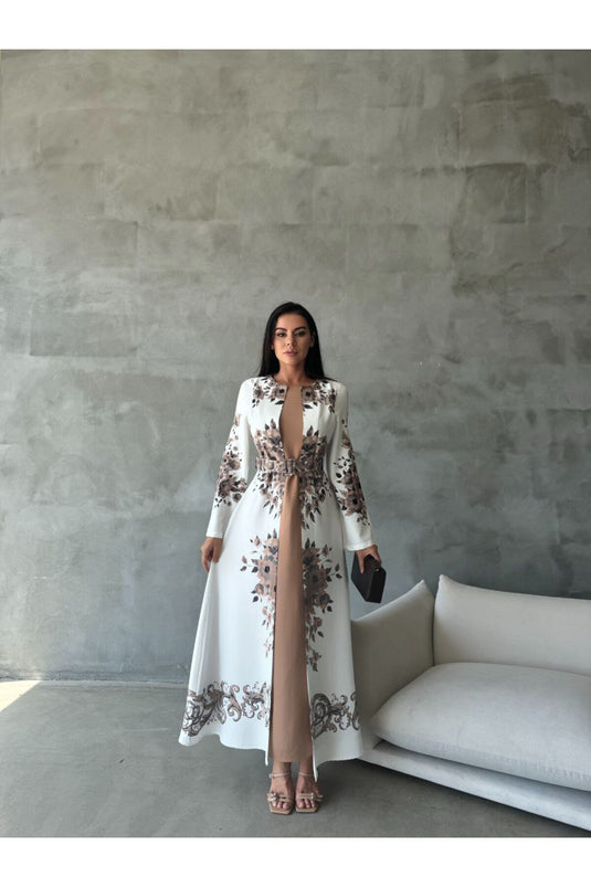 Atlas Kumaş Çiçek Desenli Bisiklet Yaka Ek Parça Detaylı Siyah Elbise (KEMER DAHİLDİR)-42127