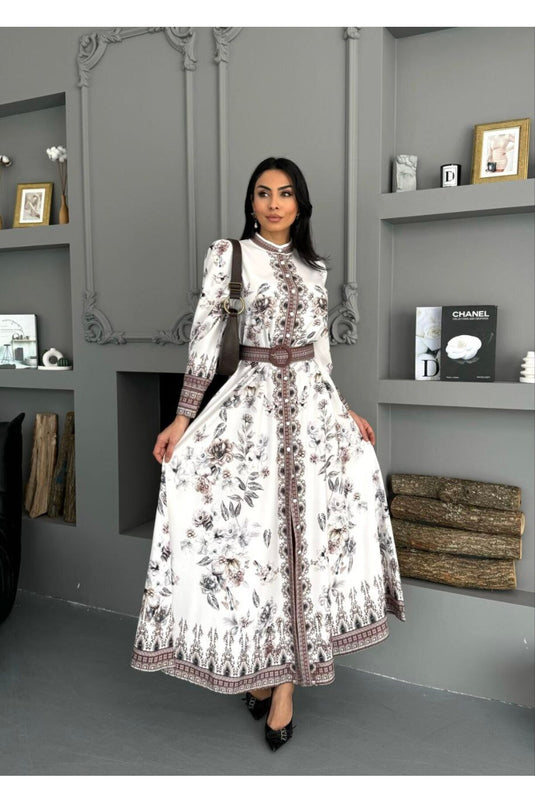 Atlas Kumaş Çiçek Desenli Gömlek Yaka Düğme Detaylı Beyaz Elbise (KEMER DAHİLDİR)-2599