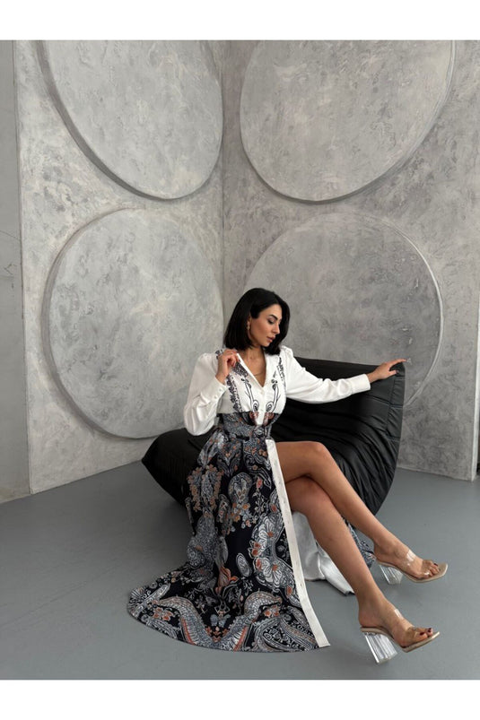 Atlas Kumaş Çiçek Desenli Gömlek Yaka Düğme Detaylı Mavi Elbise (KEMER DAHİLDİR)-2502