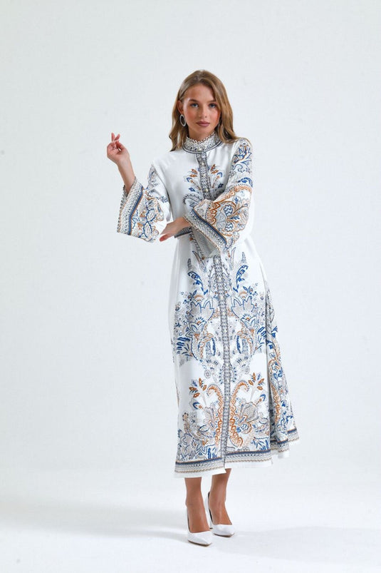 Atlas Kumaş Çiçek Desenli Gömlek Yaka Düğme Detaylı Laci Elbise (KEMER DAHİLDİR)-4235