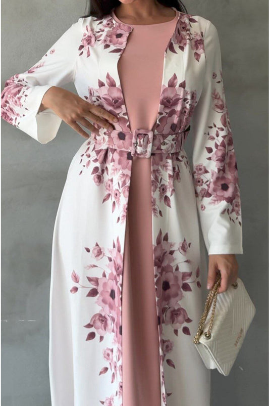 Atlas Kumaş Çiçek Desenli Bisiklet Yaka Ek Parça Detaylı Siyah Elbise (KEMER DAHİLDİR)-42127