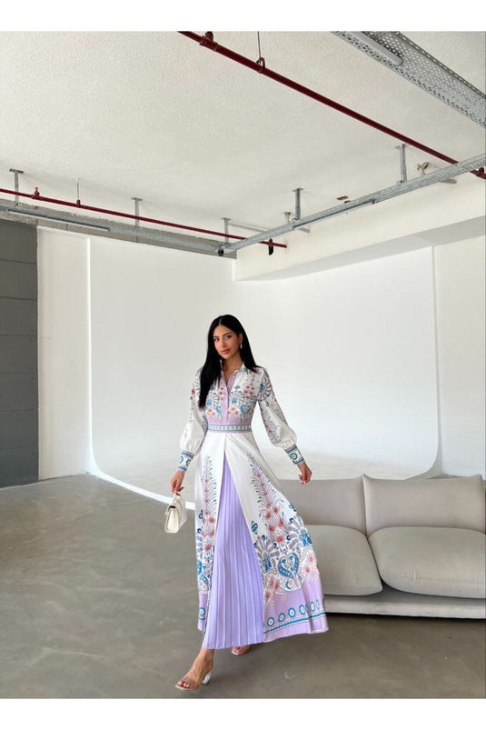 Atlas Kumaş Çiçek Desenli Gömlek Yaka Düğme Detaylı Lila Elbise (KEMER DAHİLDİR)-4249