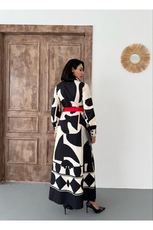 Atlas Kumaş Çiçek Desenli Gömlek Yaka Kırmızı Şerit Detaylı Elbise (KEMER DAHİLDİR)-42161